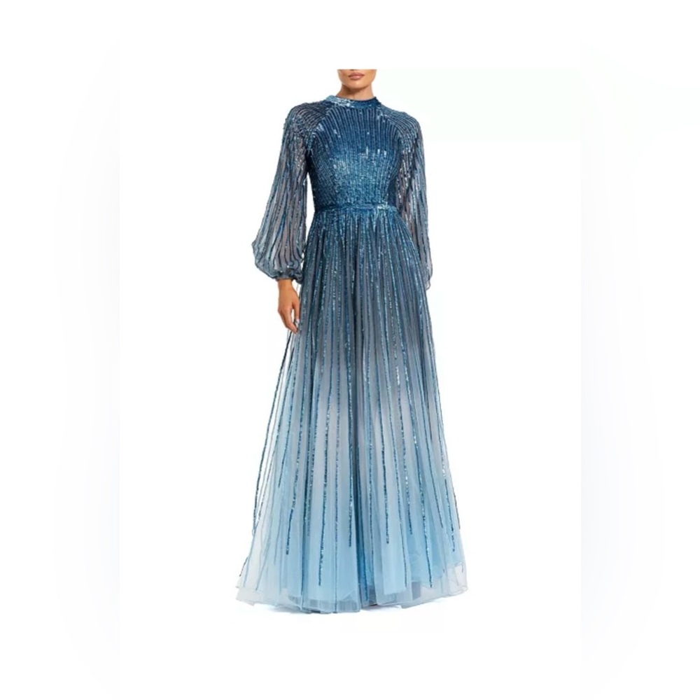 Mac Duggal Blue Sequin Long Sleeve Gown - only worn once, slightly shortened